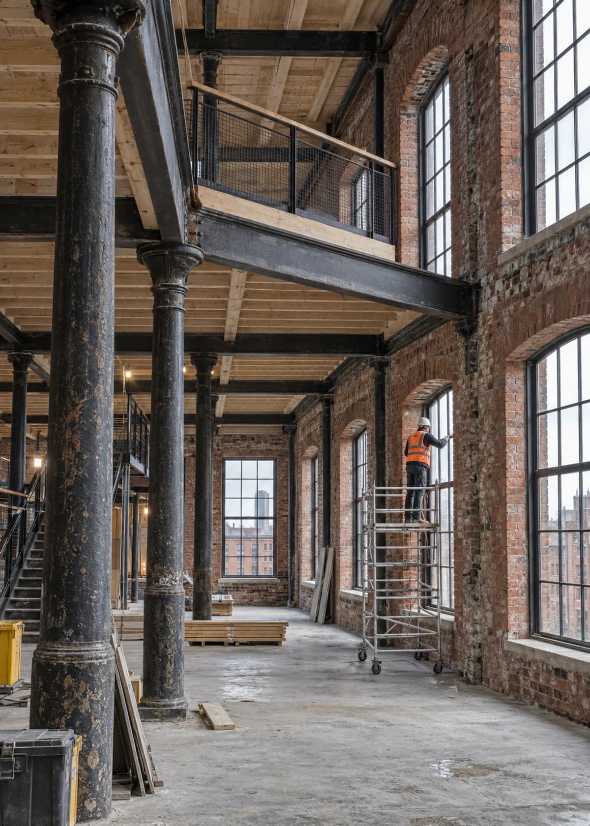Retained iron columns and restored brickwork inside the Hackney Wick warehouse conversion