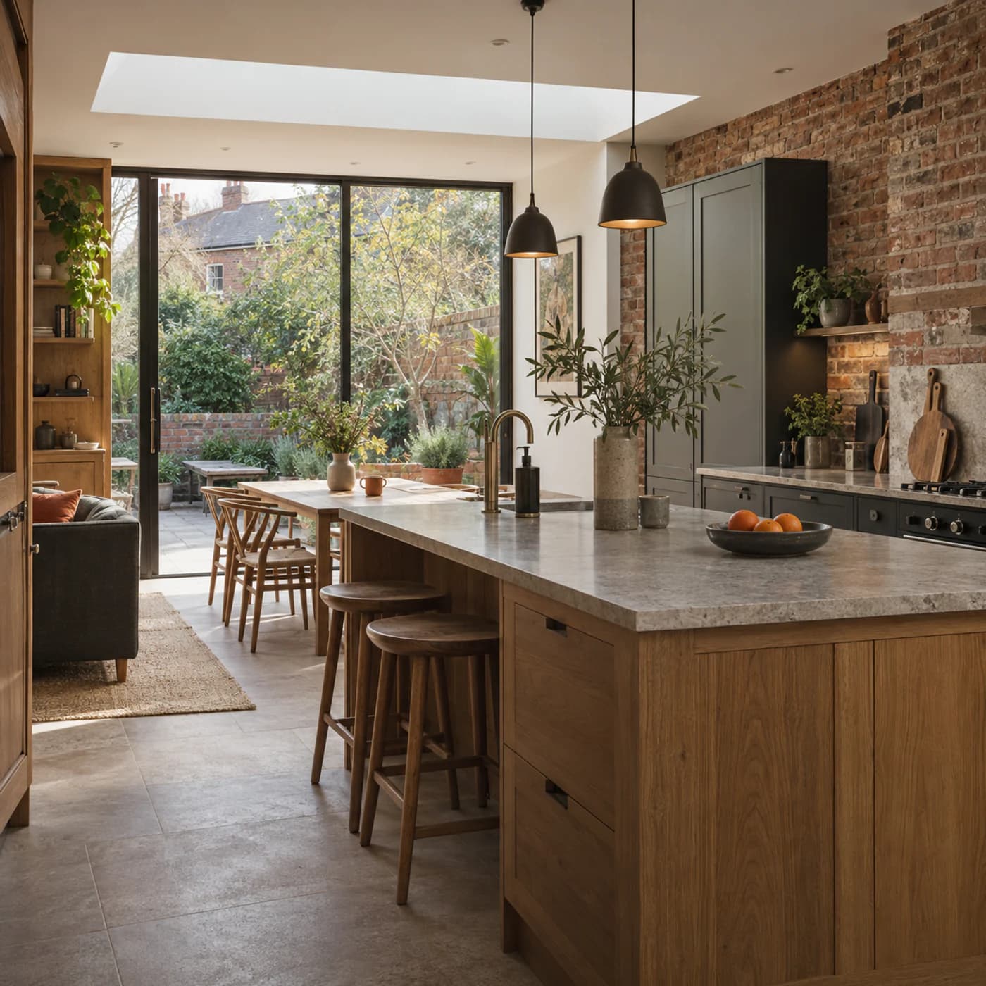 Oak kitchen joinery and retained brickwork in the Wanstead home remodel