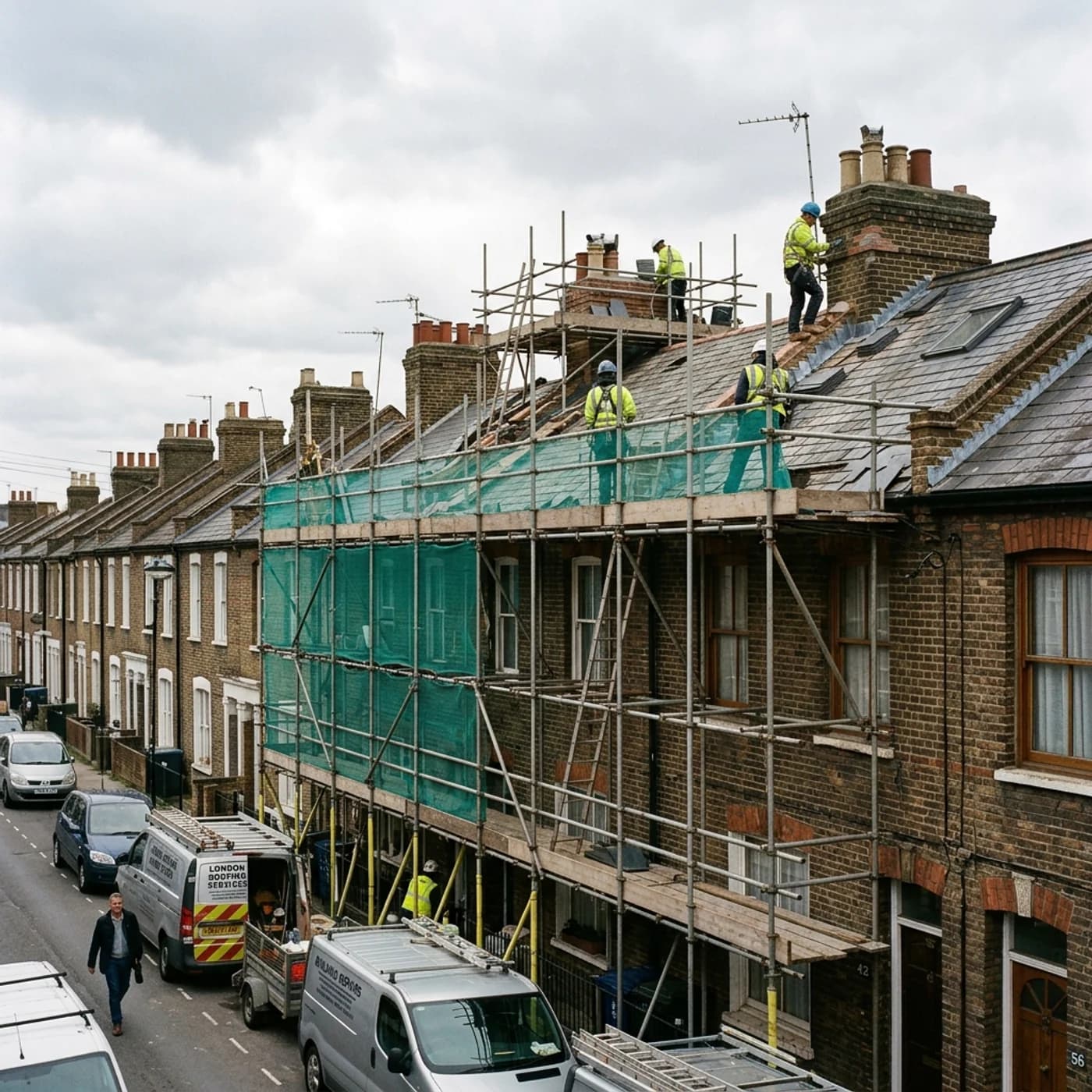 Planned exterior roofing and brickwork maintenance on a row of Forest Gate brick terraces