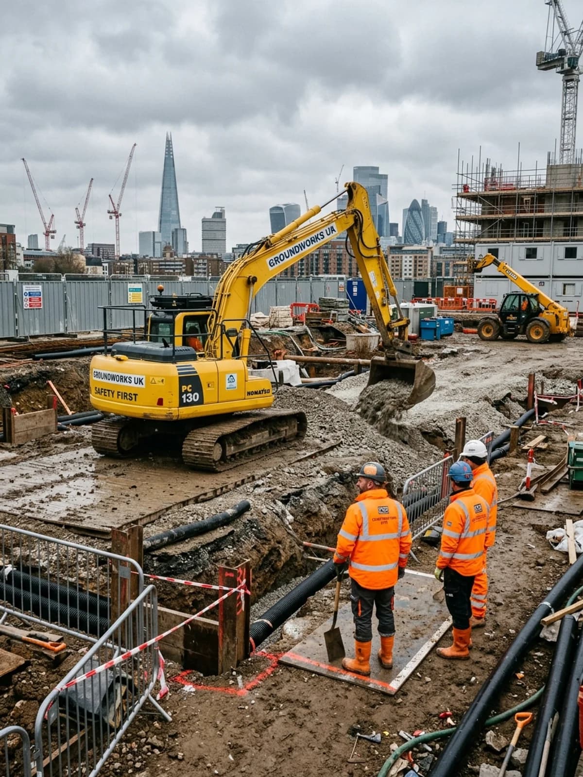 Excavator carrying out site enabling and levelling works on a cleared Ilford yard