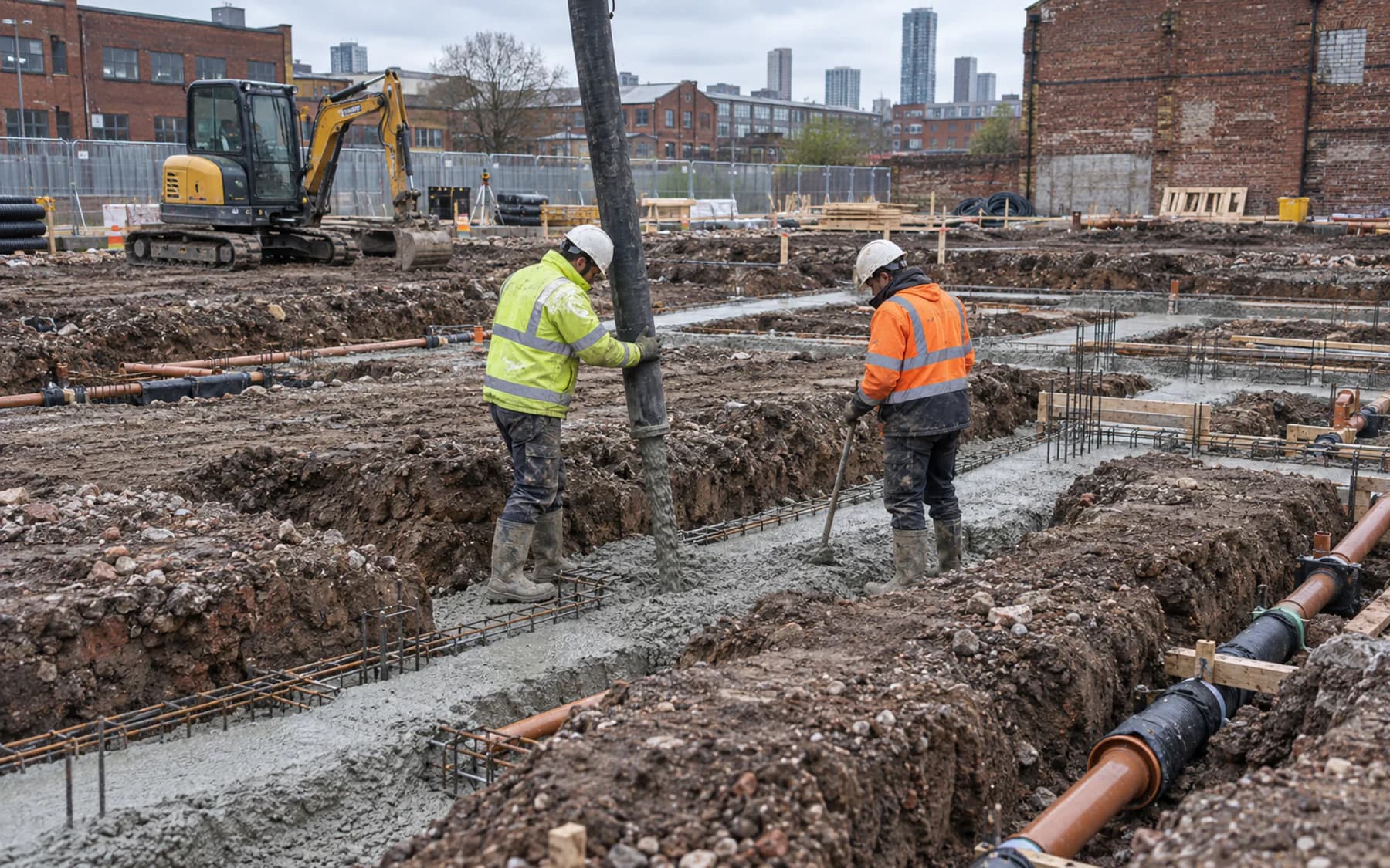 Groundworkers guiding a concrete pour into reinforced foundation trenches in Canning Town