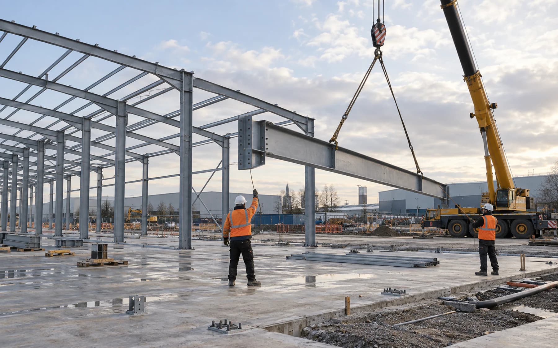 Steel erectors guiding a portal-frame beam into position at Dagenham